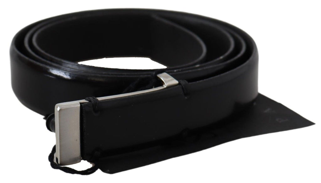Black Leather Silver Chrome Metal Buckle Belt - 95-cm-38-inches