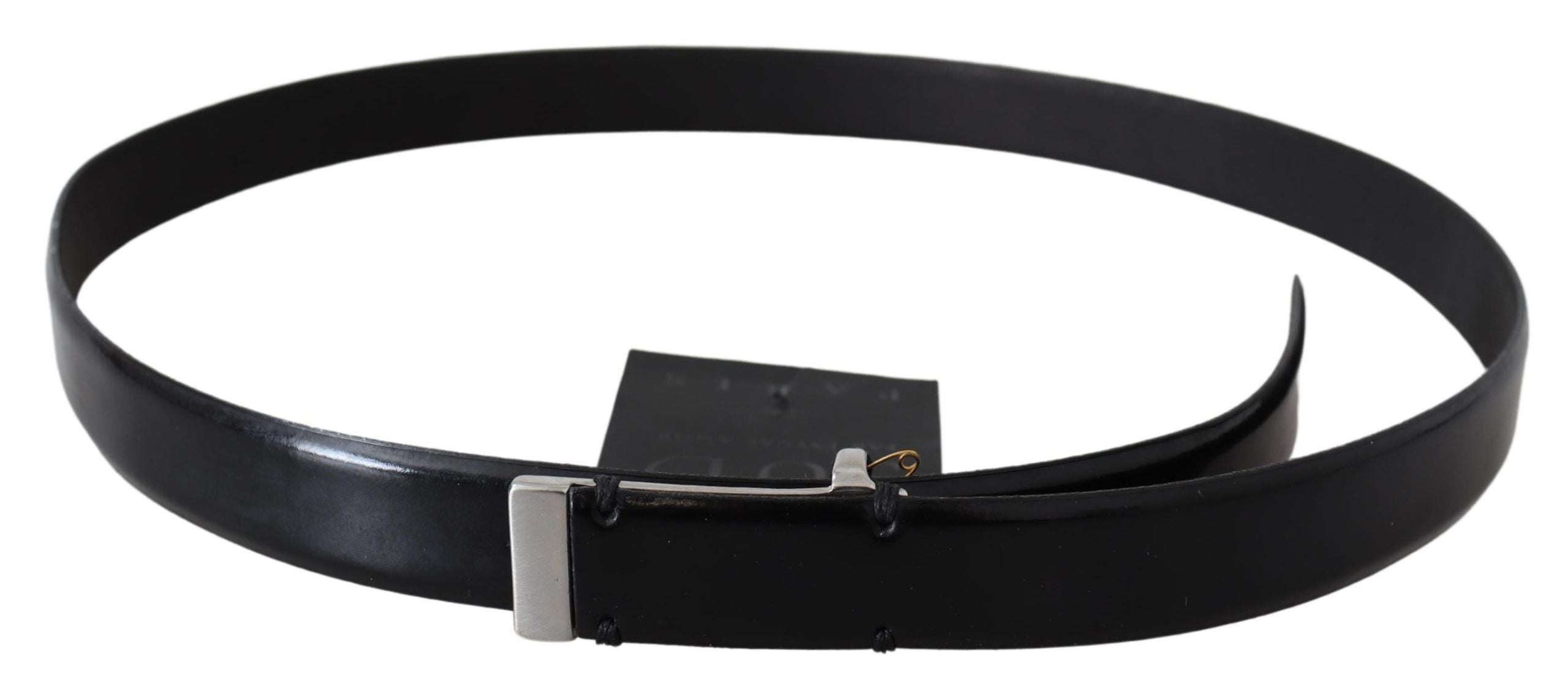 Black Leather Silver Chrome Metal Buckle Belt - 95-cm-38-inches