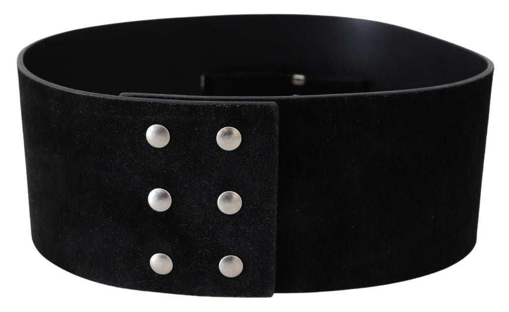 Black Leather Wide Silver Logo Design Buckle Belt - 70-cm-28-inches