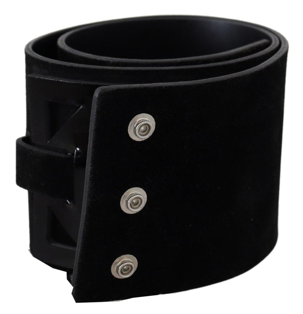 Black Leather Wide Silver Logo Design Buckle Belt - 70-cm-28-inches