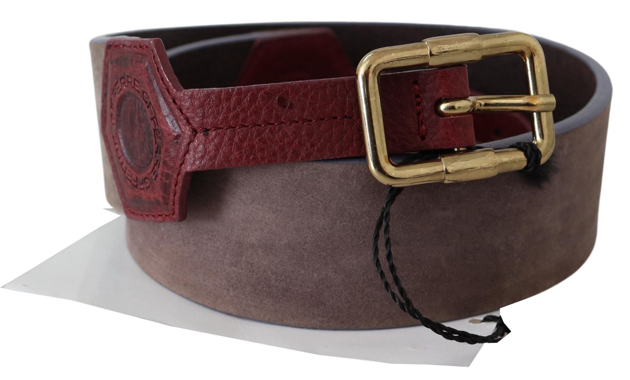 Brown Leather Wide Gold Chrome Logo Buckle Belt - 70-cm-28-inches