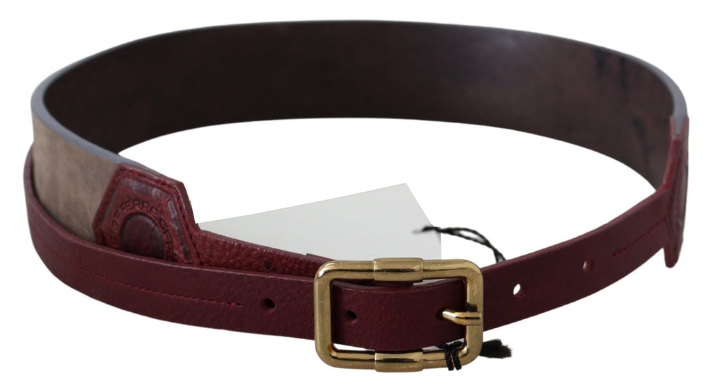 Brown Leather Wide Gold Chrome Logo Buckle Belt - 70-cm-28-inches