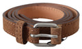 Brown Leather Slim Silver Buckle Waist Belt - 85-cm-34-inches