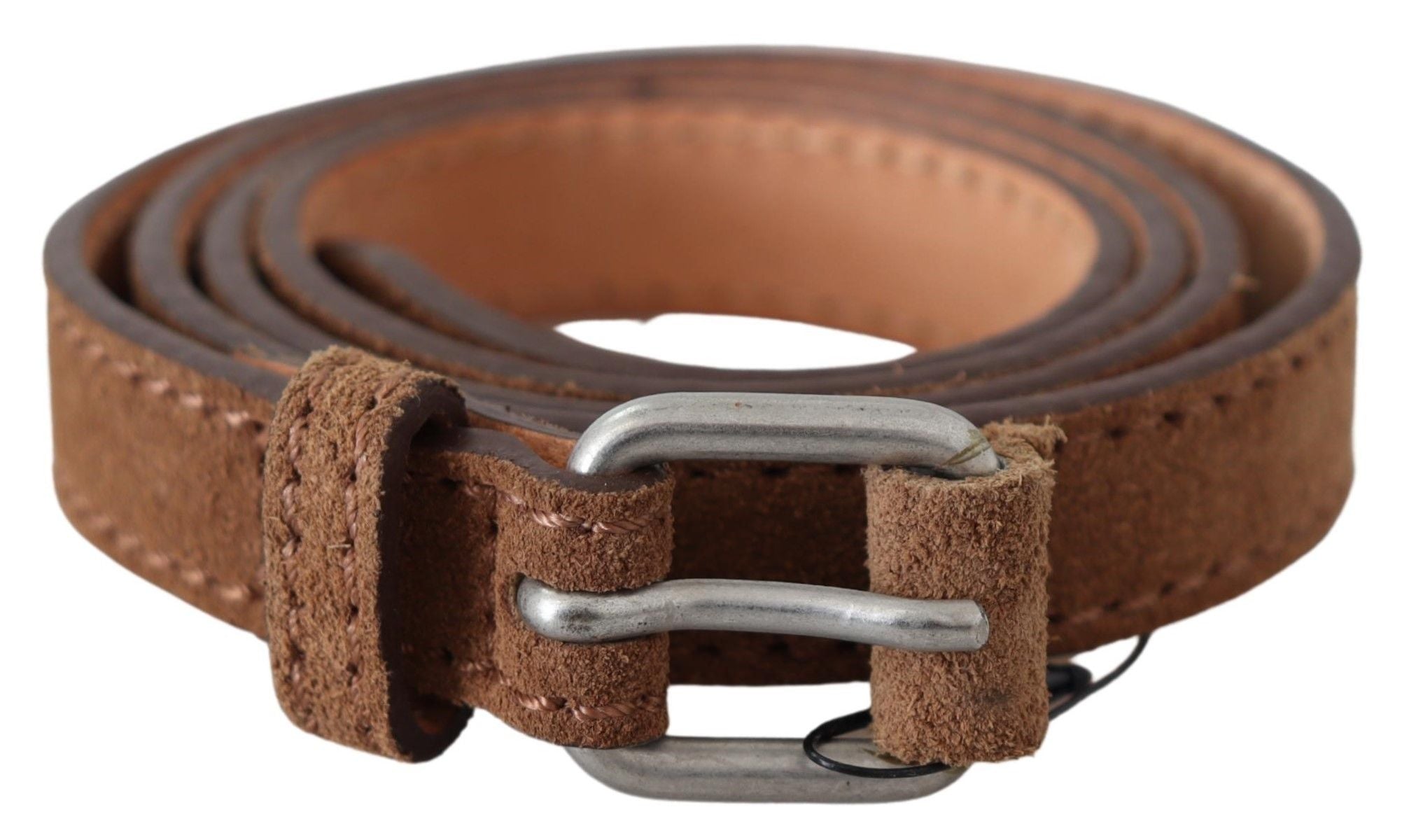 Brown Leather Slim Silver Buckle Waist Belt - 85-cm-34-inches