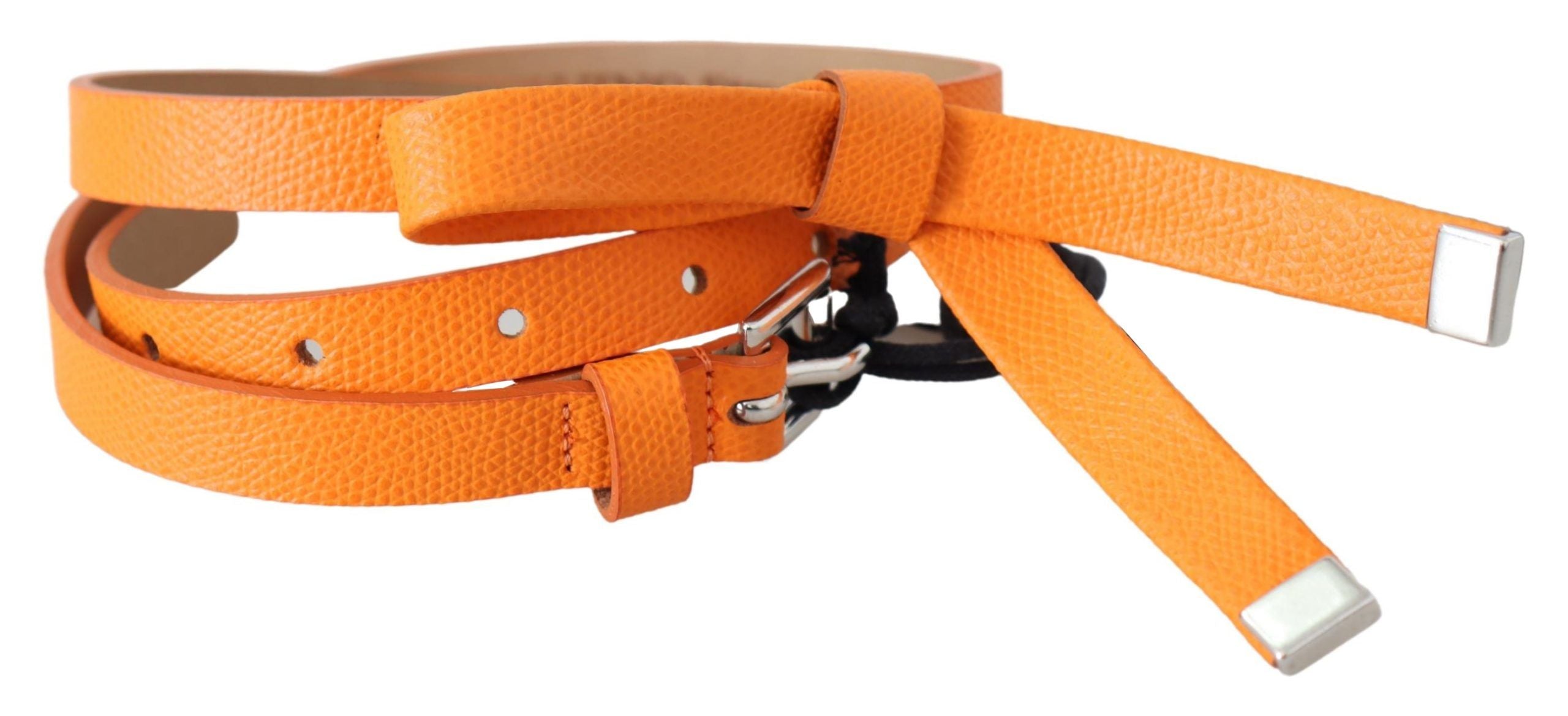 Orange Tangerine Leather...Silver Metal Buckle Belt - 80-cm-32-inches