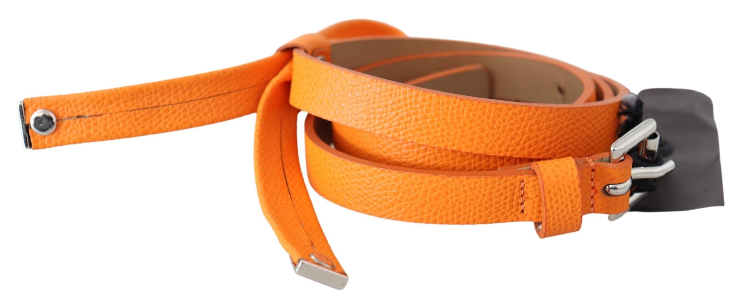 Orange Tangerine Leather...Silver Metal Buckle Belt - 80-cm-32-inches