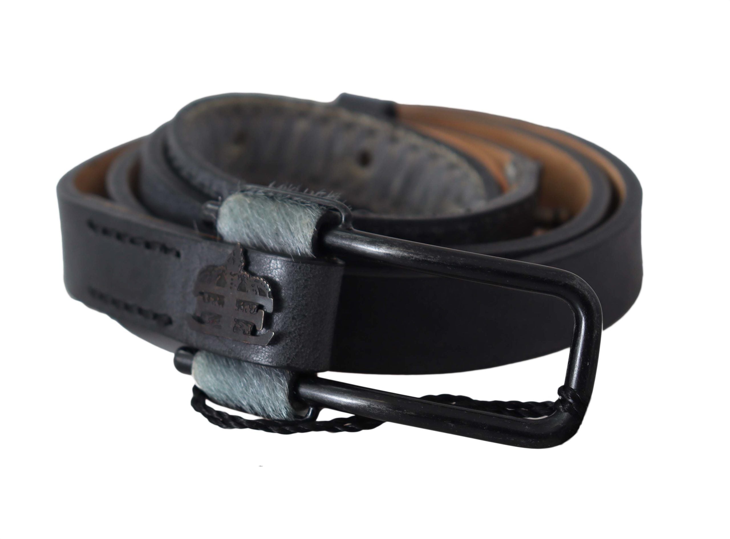Gray Leather Fur Black Logo Buckle Belt - 90-cm-36-inches