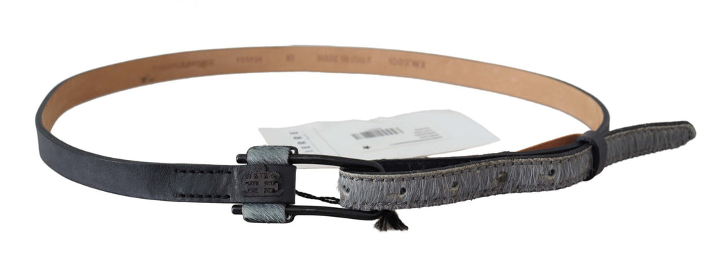 Gray Leather Fur Black Logo Buckle Belt - 90-cm-36-inches