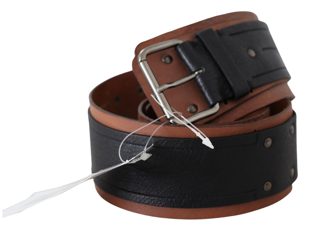 Black Brown Leather Wide Silver Buckle Belt - 85-cm-34-inches