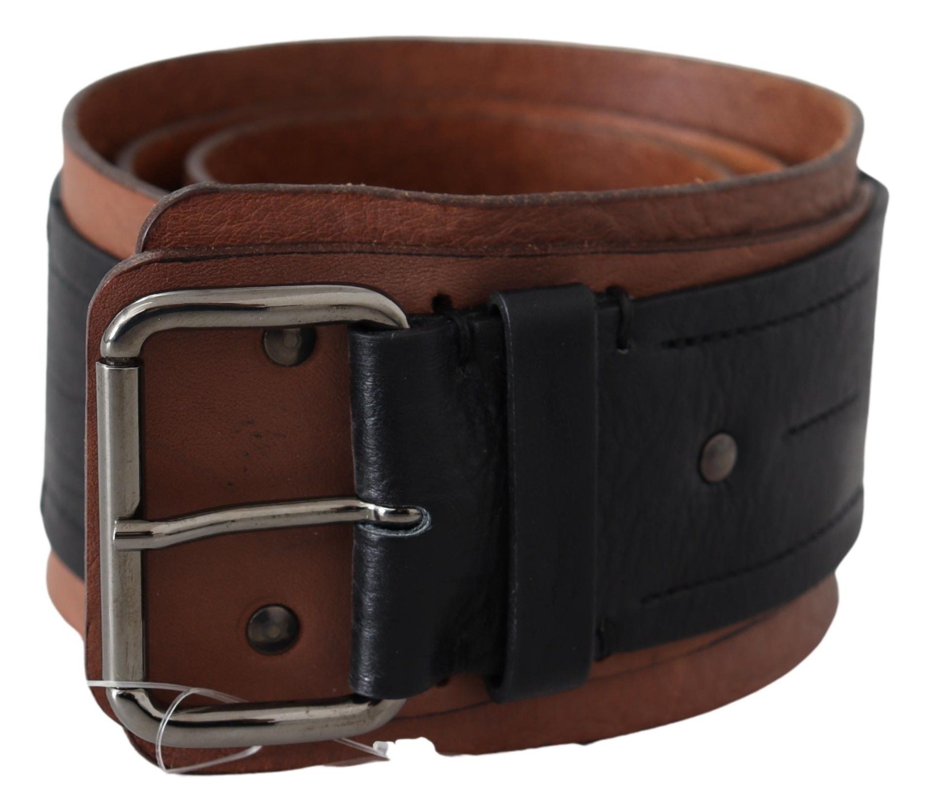 Black Brown Leather Wide Silver Buckle Belt - 85-cm-34-inches