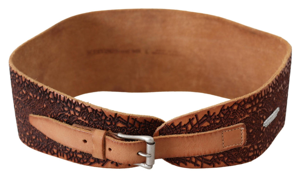 Brown Wide Leather Embroidered Design Logo Belt - 85-cm-34-inches