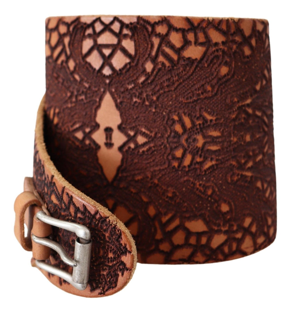 Brown Wide Leather Embroidered Design Logo Belt - 85-cm-34-inches