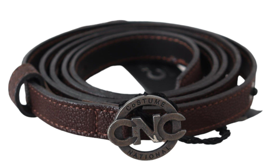 Brown Skinny Leather Round Logo Buckle Belt - 100-cm-40-inches