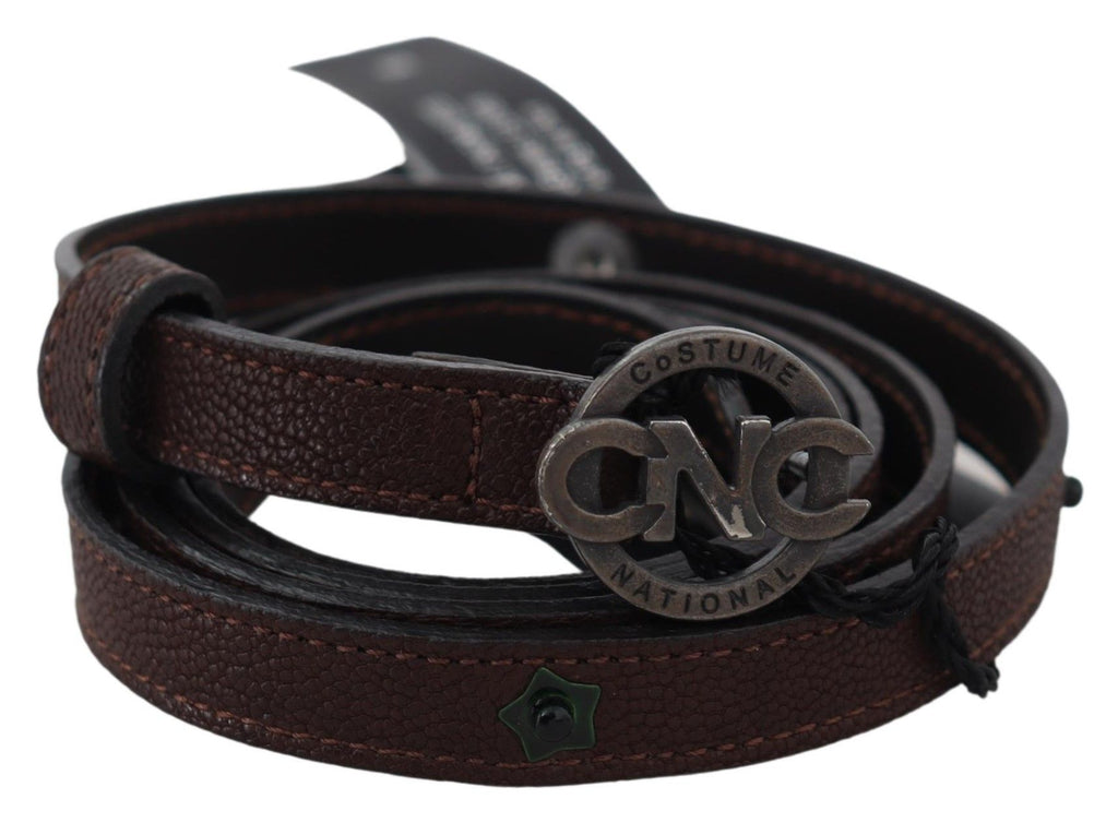 Brown Skinny Leather Round Logo Buckle Belt - 100-cm-40-inches