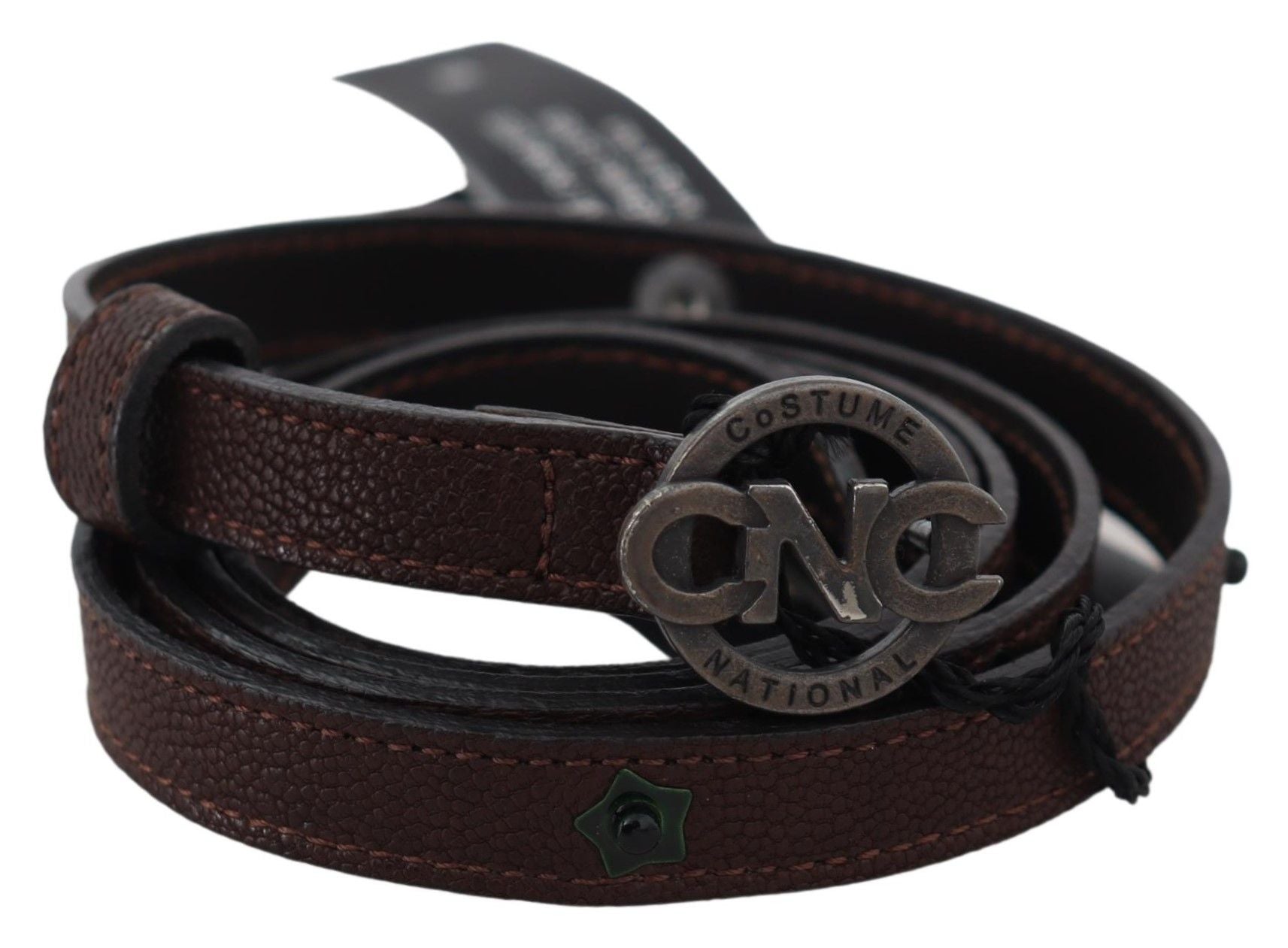 Brown Skinny Leather Round Logo Buckle Belt - 100-cm-40-inches