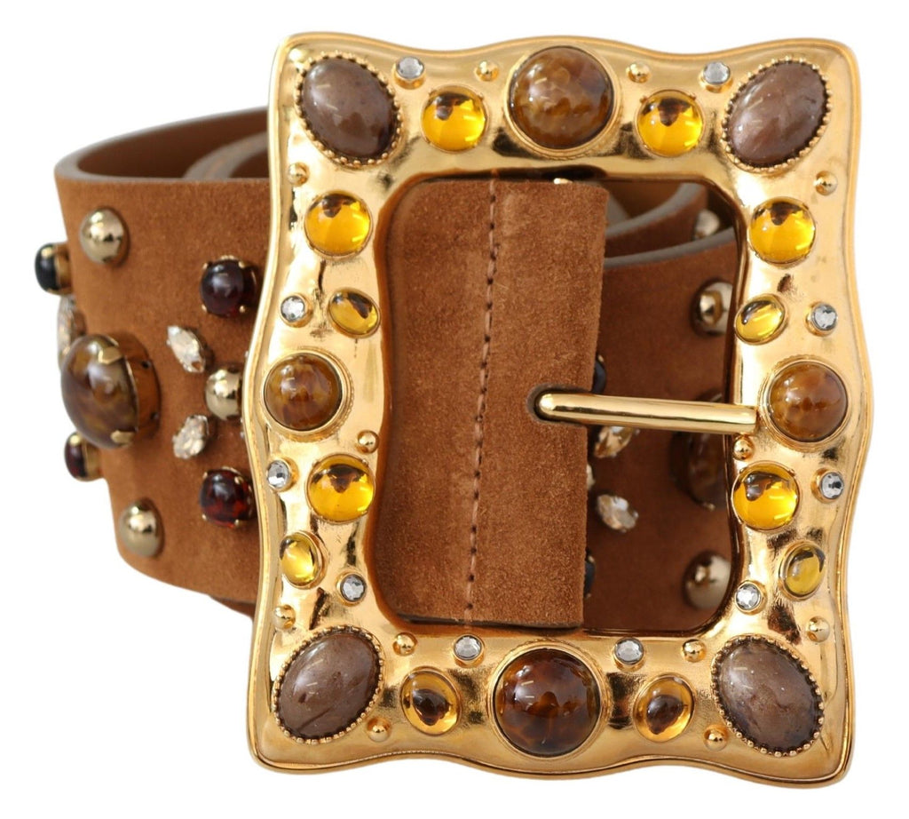 Brown Crystal Gold Buckle Leather Belt - 80-cm-32-inches