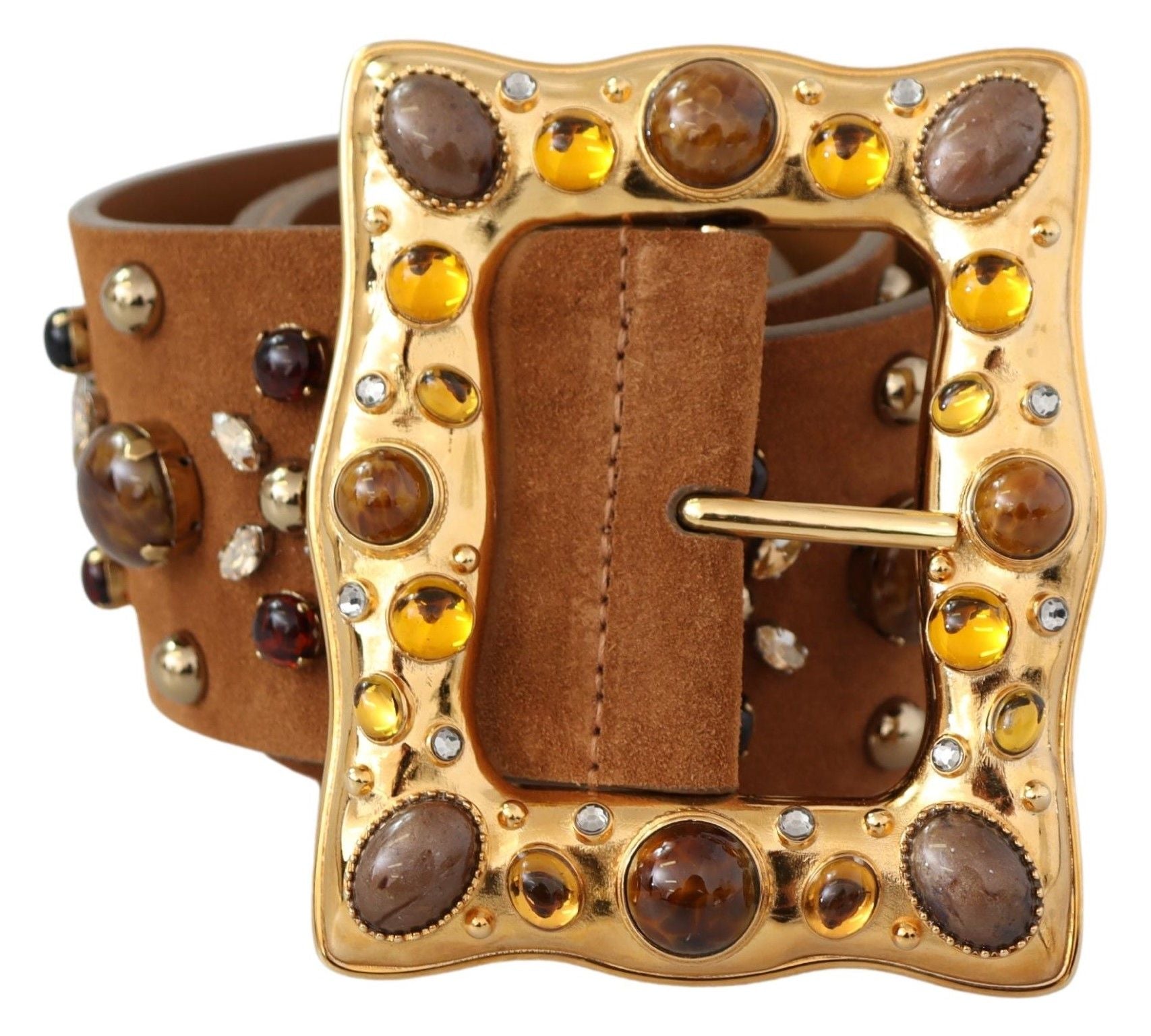 Brown Crystal Gold Buckle Leather Belt - 80-cm-32-inches