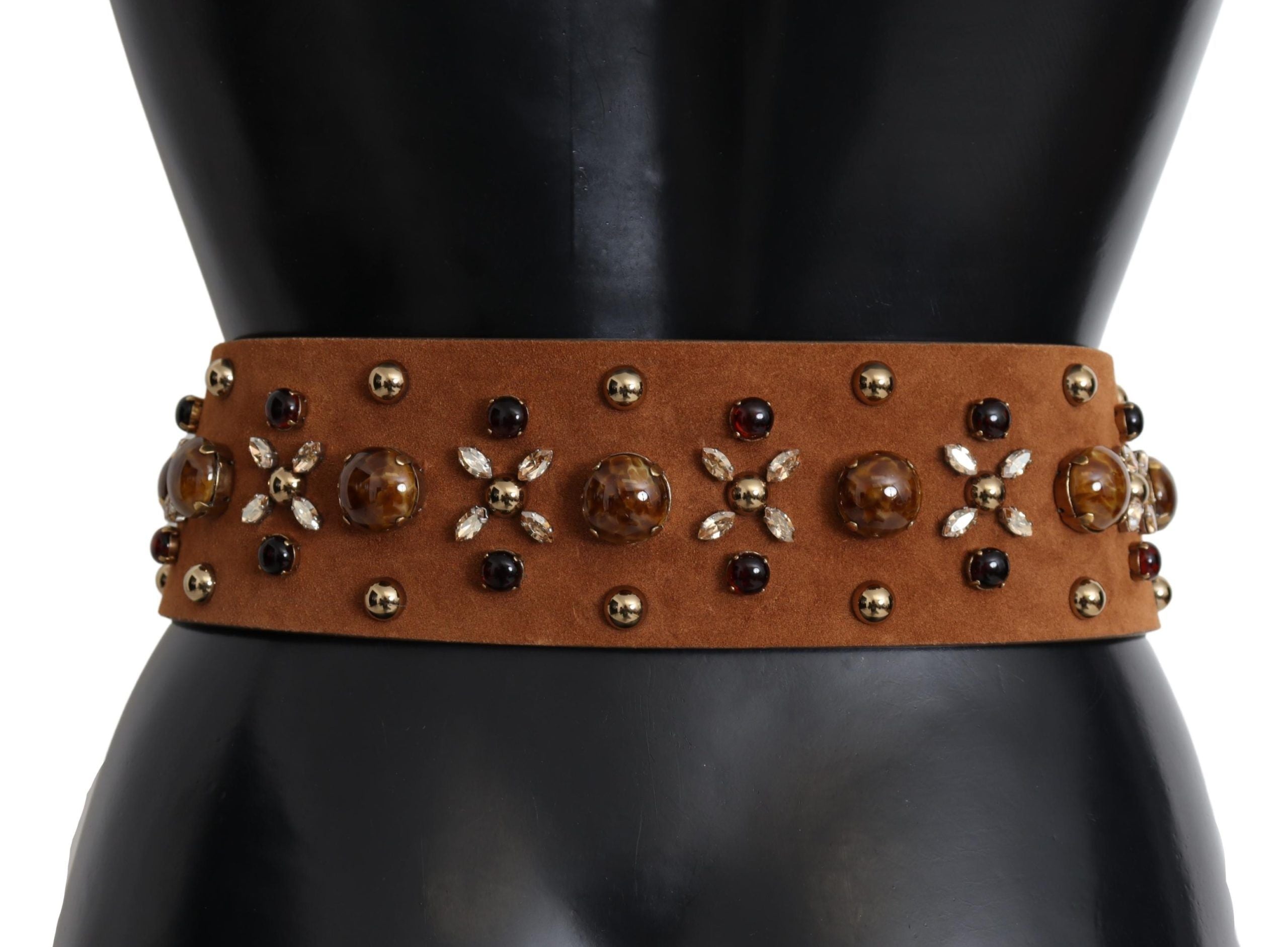 Brown Crystal Gold Buckle Leather Belt - 80-cm-32-inches