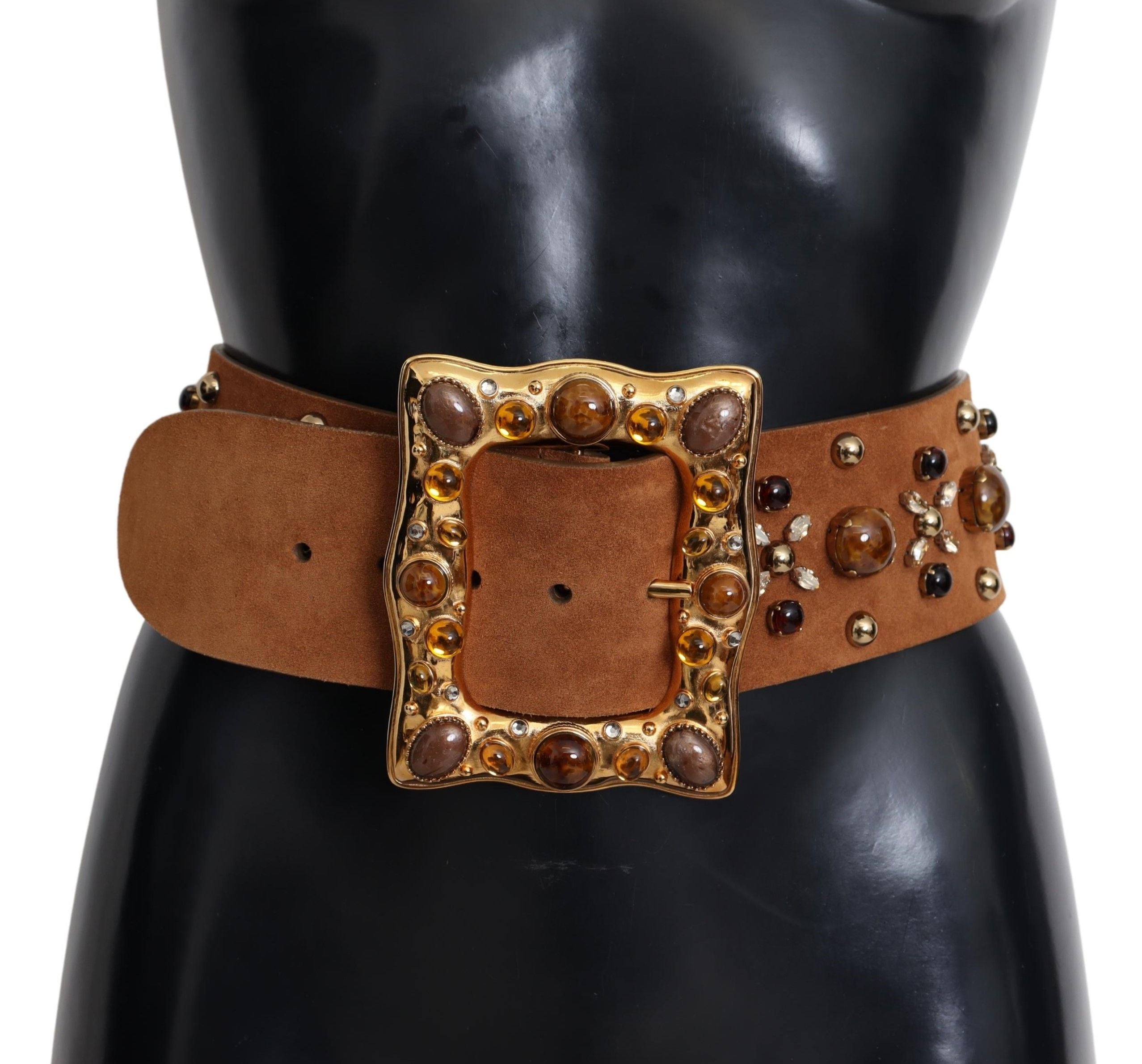 Brown Crystal Gold Buckle Leather Belt - 80-cm-32-inches
