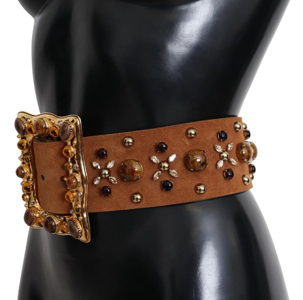 Brown Crystal Gold Buckle Leather Belt - 80-cm-32-inches