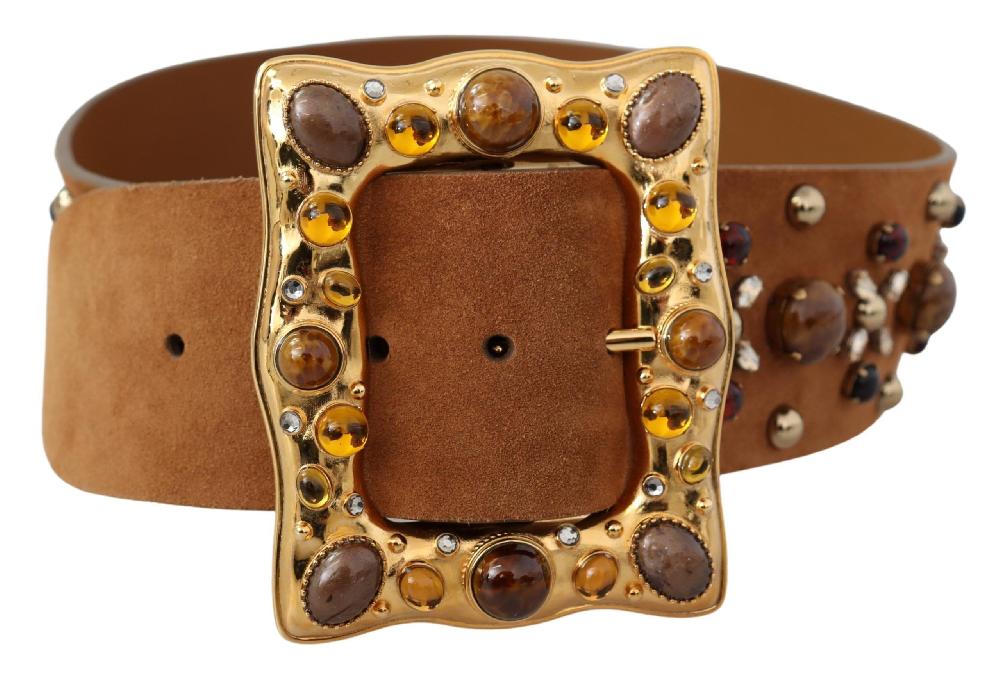 Brown Crystal Gold Buckle Leather Belt - 80-cm-32-inches
