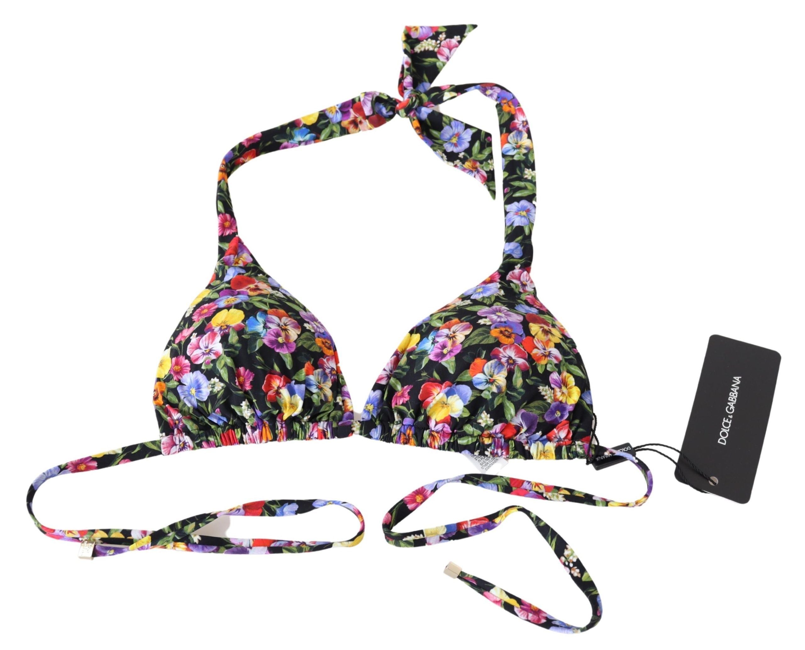 Black Floral Print Swimsuit Beachwear Bikini Tops - it1-xs