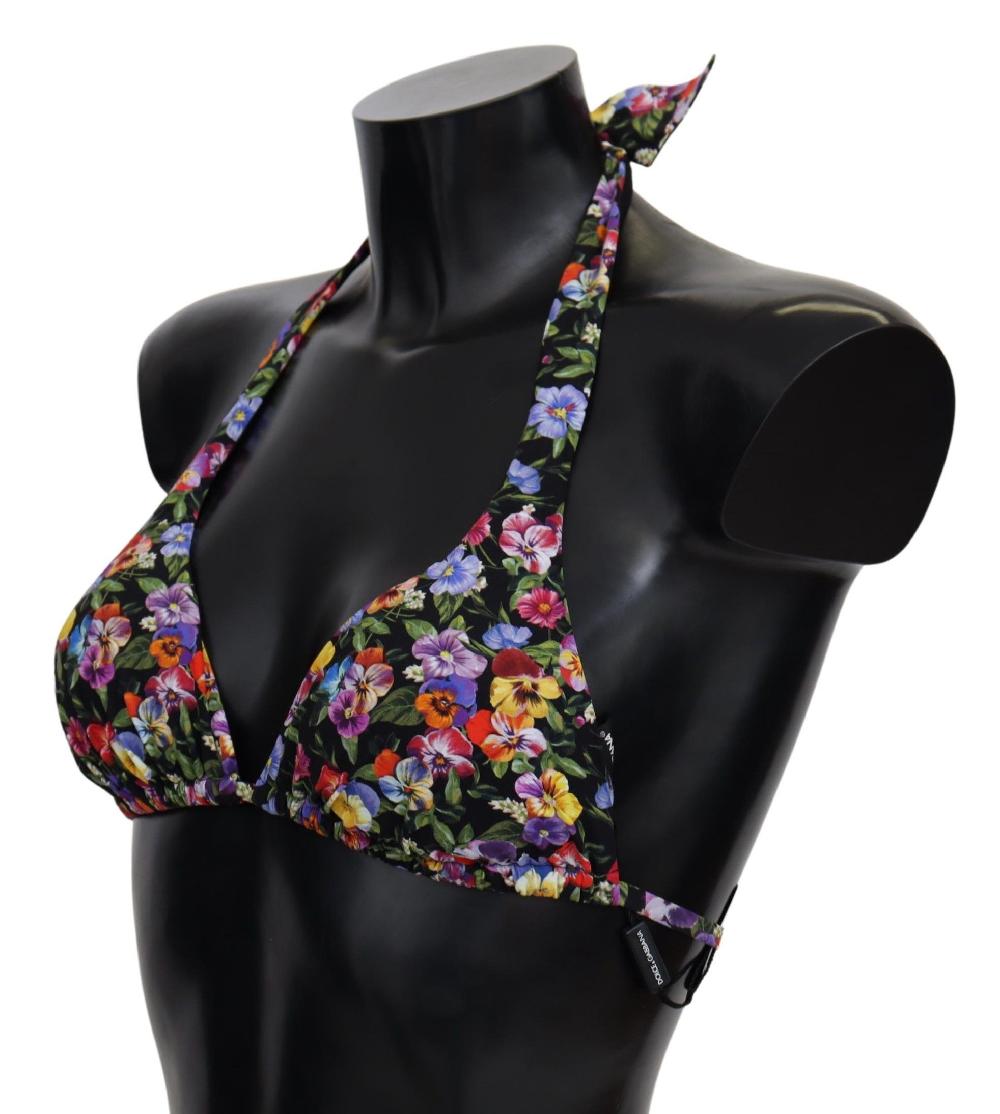 Black Floral Print Swimsuit Beachwear Bikini Tops - it1-xs