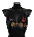 Black Seashells Print Halter Swimwear Bikini Tops - it1-xs