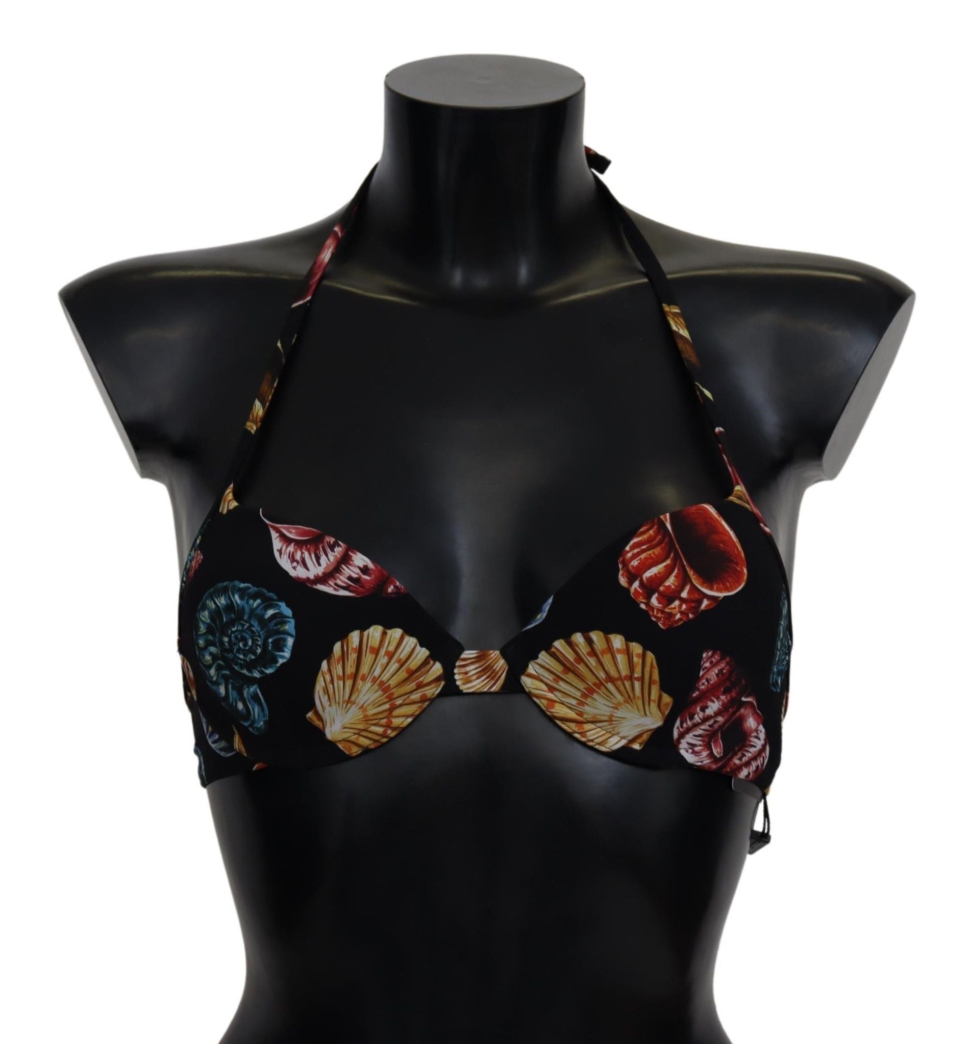 Black Seashells Print Halter Swimwear Bikini Tops - it1-xs