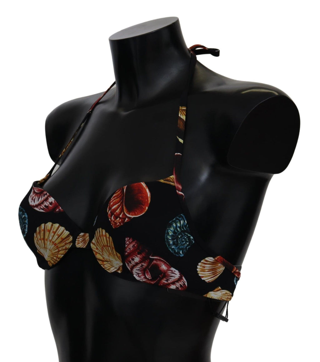 Black Seashells Print Halter Swimwear Bikini Tops - it1-xs