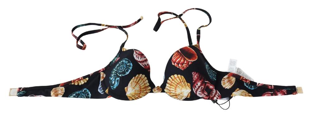 Black Seashells Print Halter Swimwear Bikini Tops - it1-xs