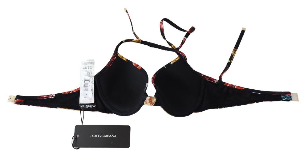 Black Seashells Print Halter Swimwear Bikini Tops - it1-xs