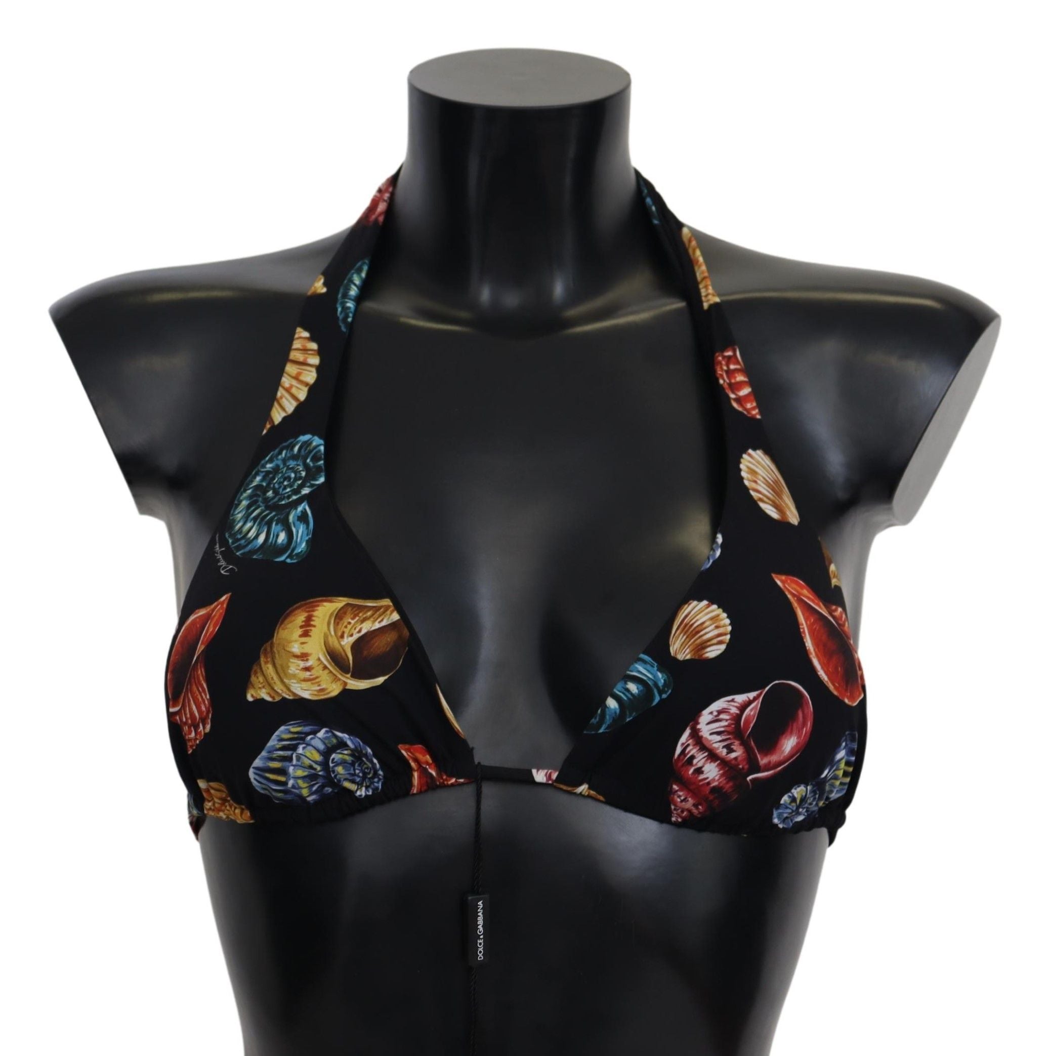Black Seashells Print Halter Swimwear Bikini Tops - it1-xs