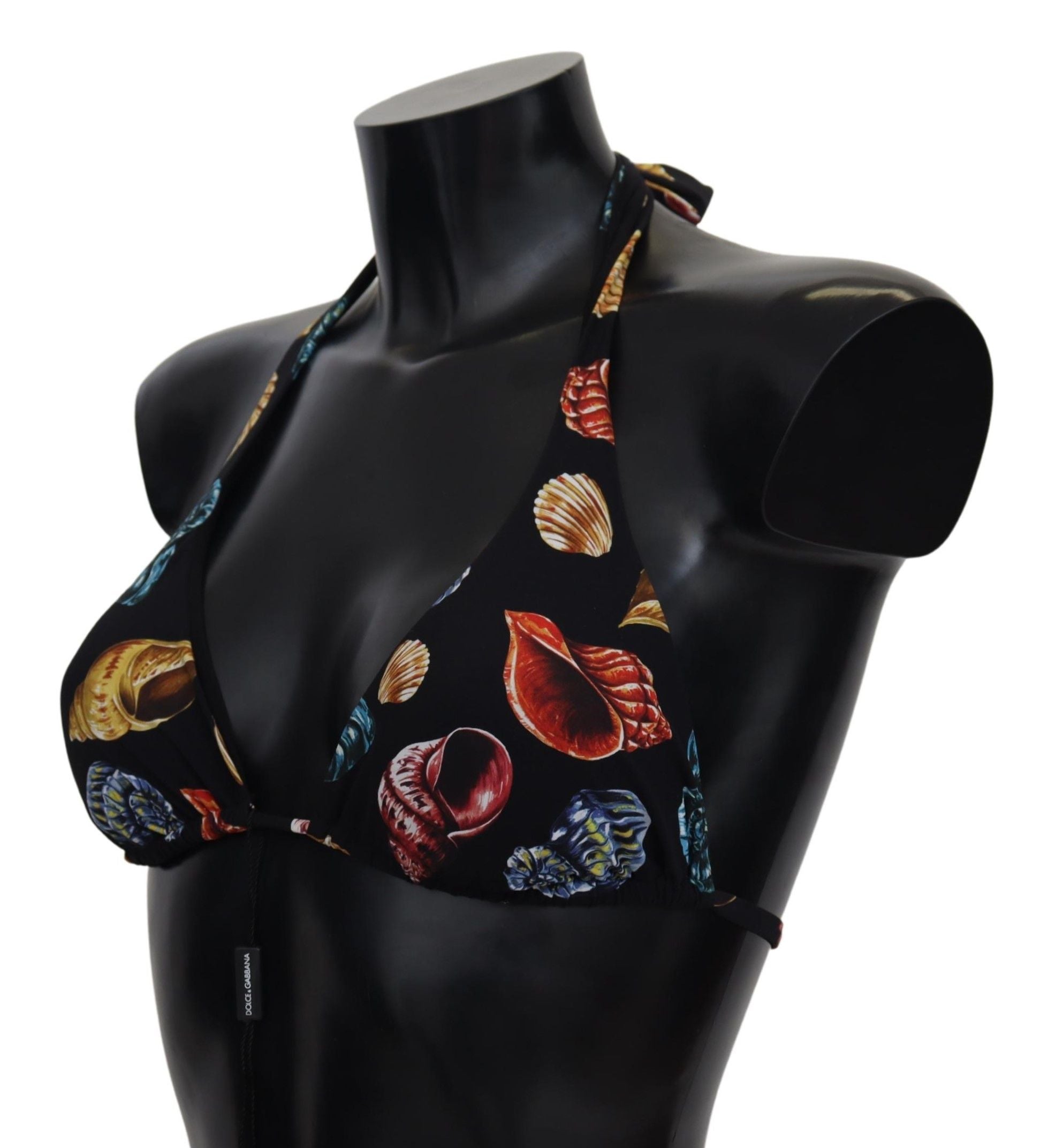Black Seashells Print Halter Swimwear Bikini Tops - it1-xs