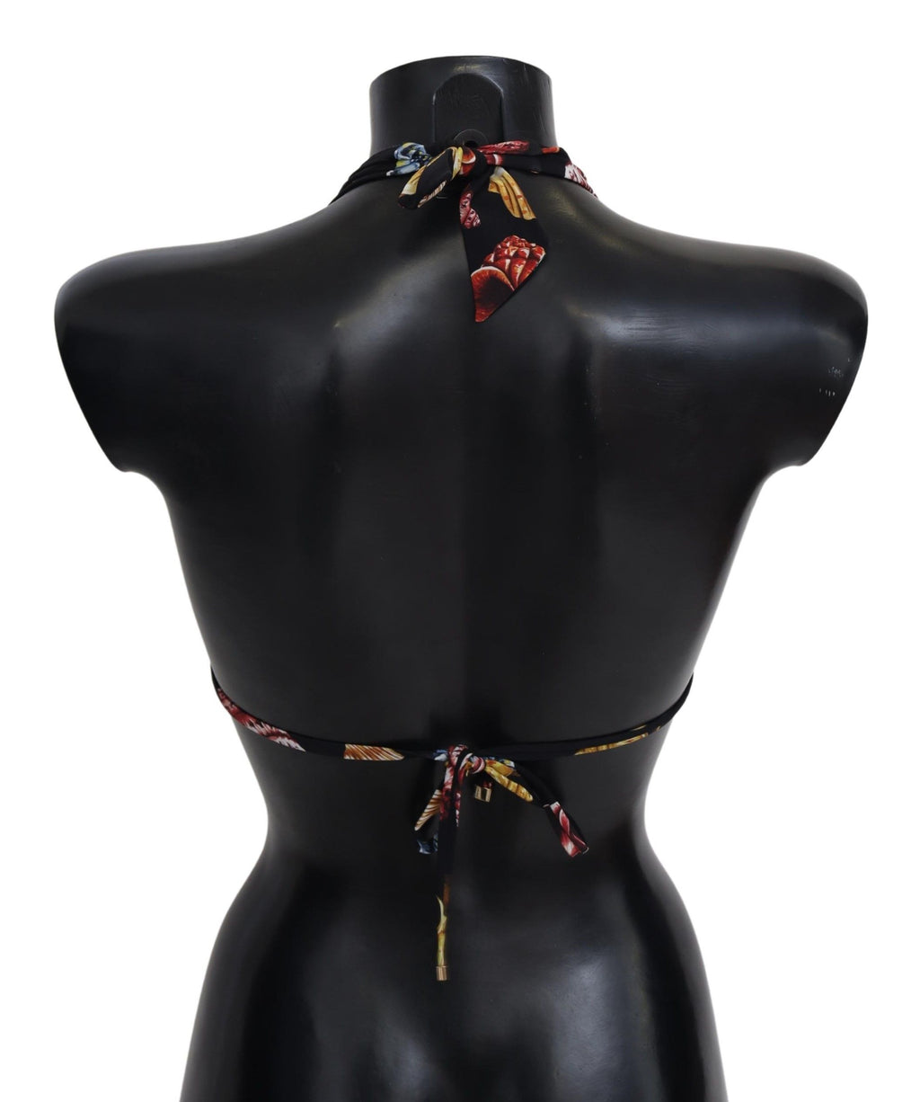 Black Seashells Print Halter Swimwear Bikini Tops - it1-xs