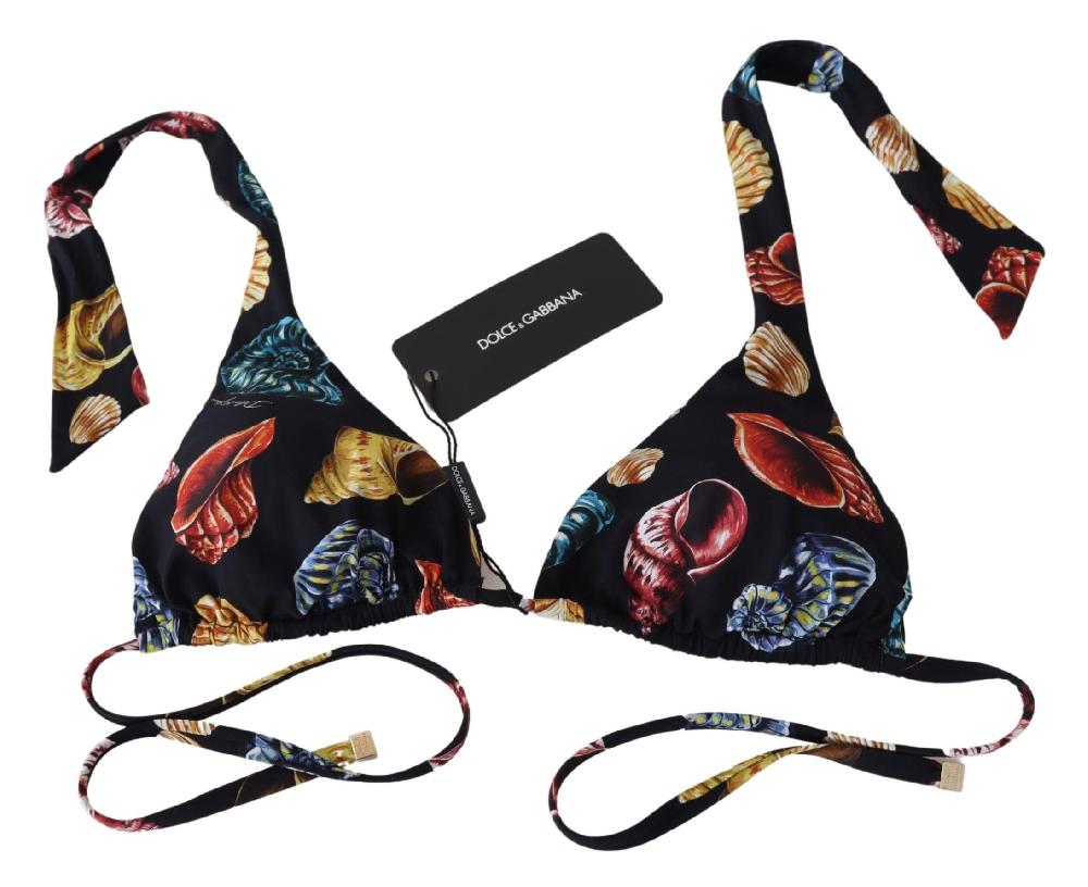 Black Seashells Print Halter Swimwear Bikini Tops - it1-xs