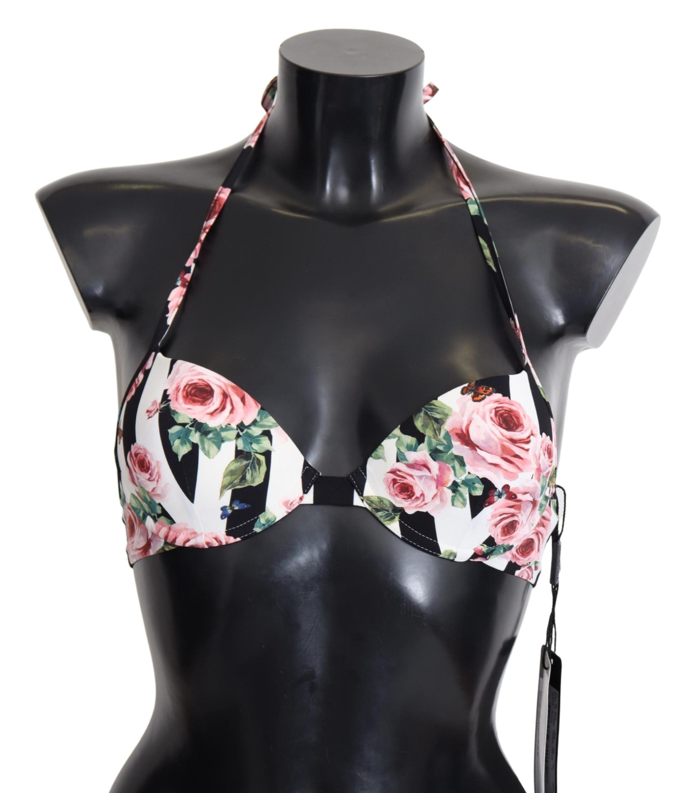 Multicolor Striped Rose Print Swimwear Bikini Tops - it1-xs