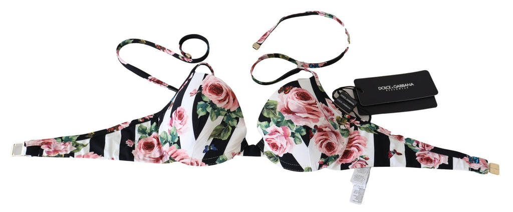 Multicolor Striped Rose Print Swimwear Bikini Tops - it1-xs