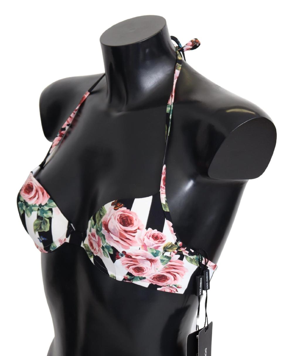 Multicolor Striped Rose Print Swimwear Bikini Tops - it1-xs