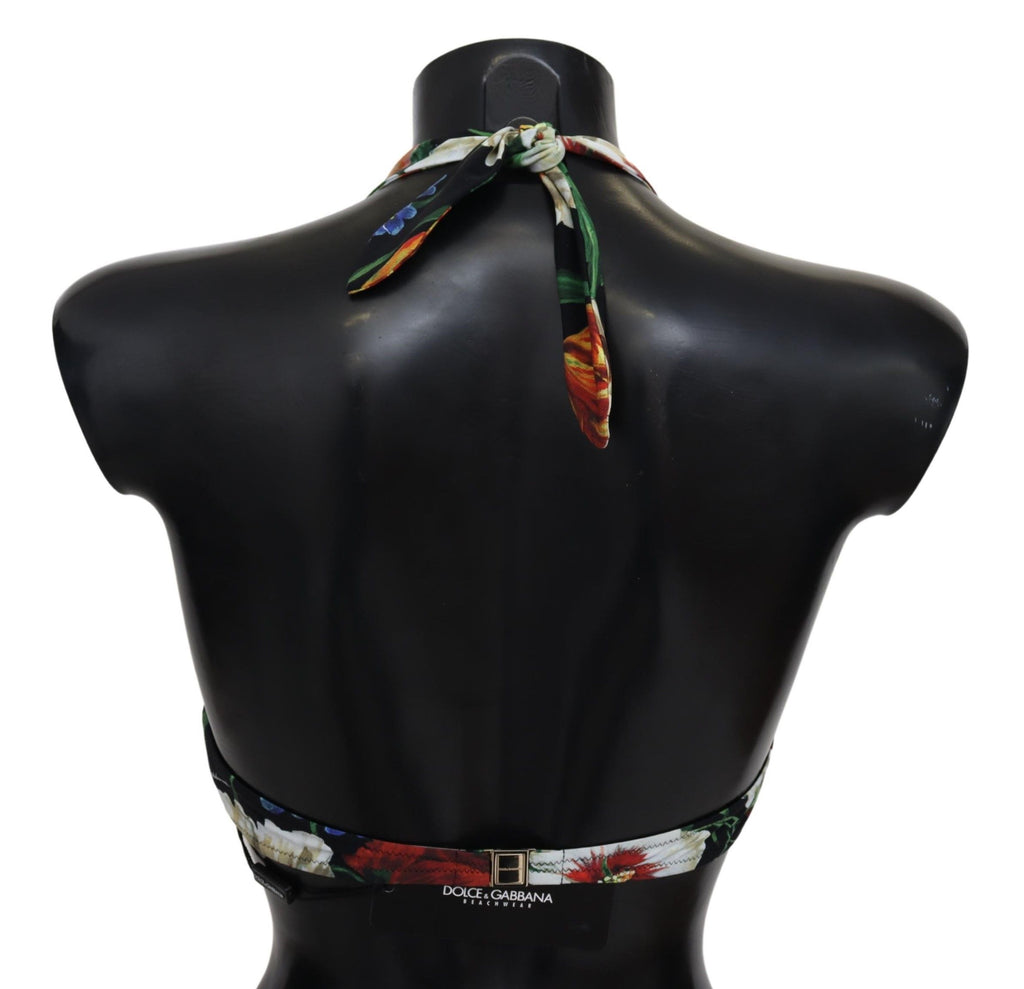 Black Floral Print Nylon Swimwear Bikini Tops - it1-xs