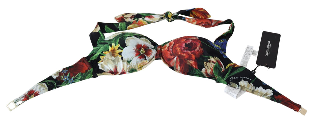 Black Floral Print Nylon Swimwear Bikini Tops - it1-xs