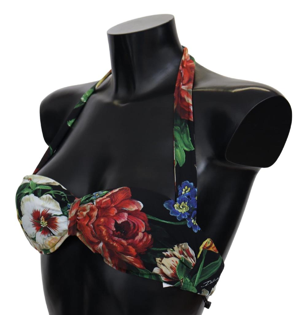 Black Floral Print Nylon Swimwear Bikini Tops - it1-xs