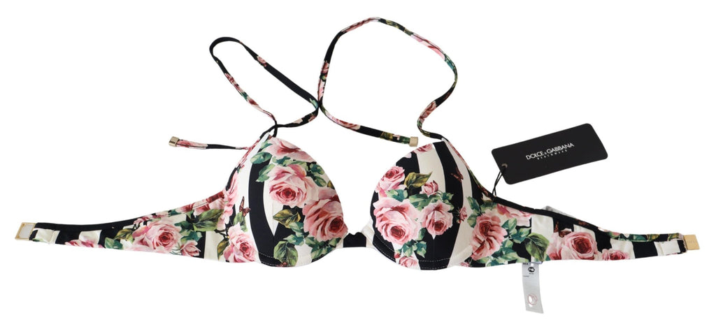 Multicolor Striped Rose Print Swimwear Bikini Tops - it1-xs