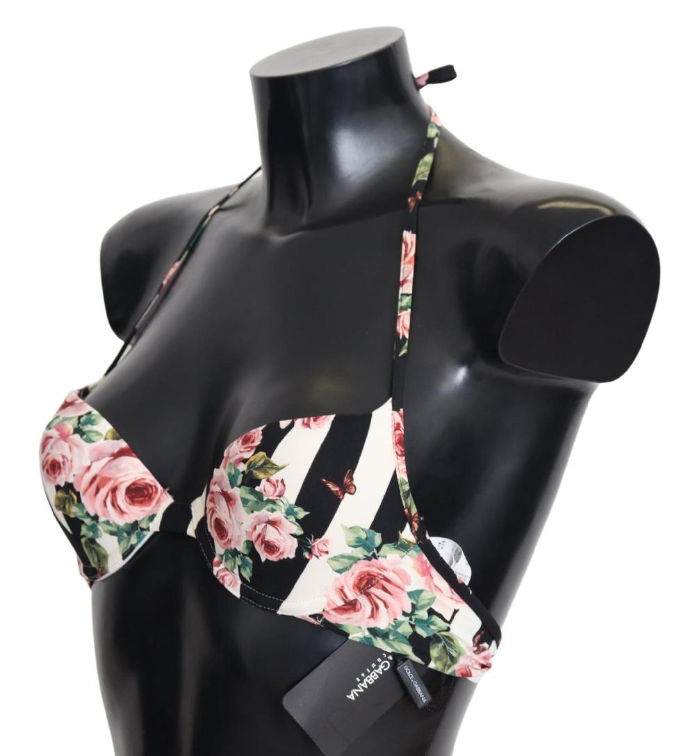 Multicolor Striped Rose Print Swimwear Bikini Tops - it1-xs
