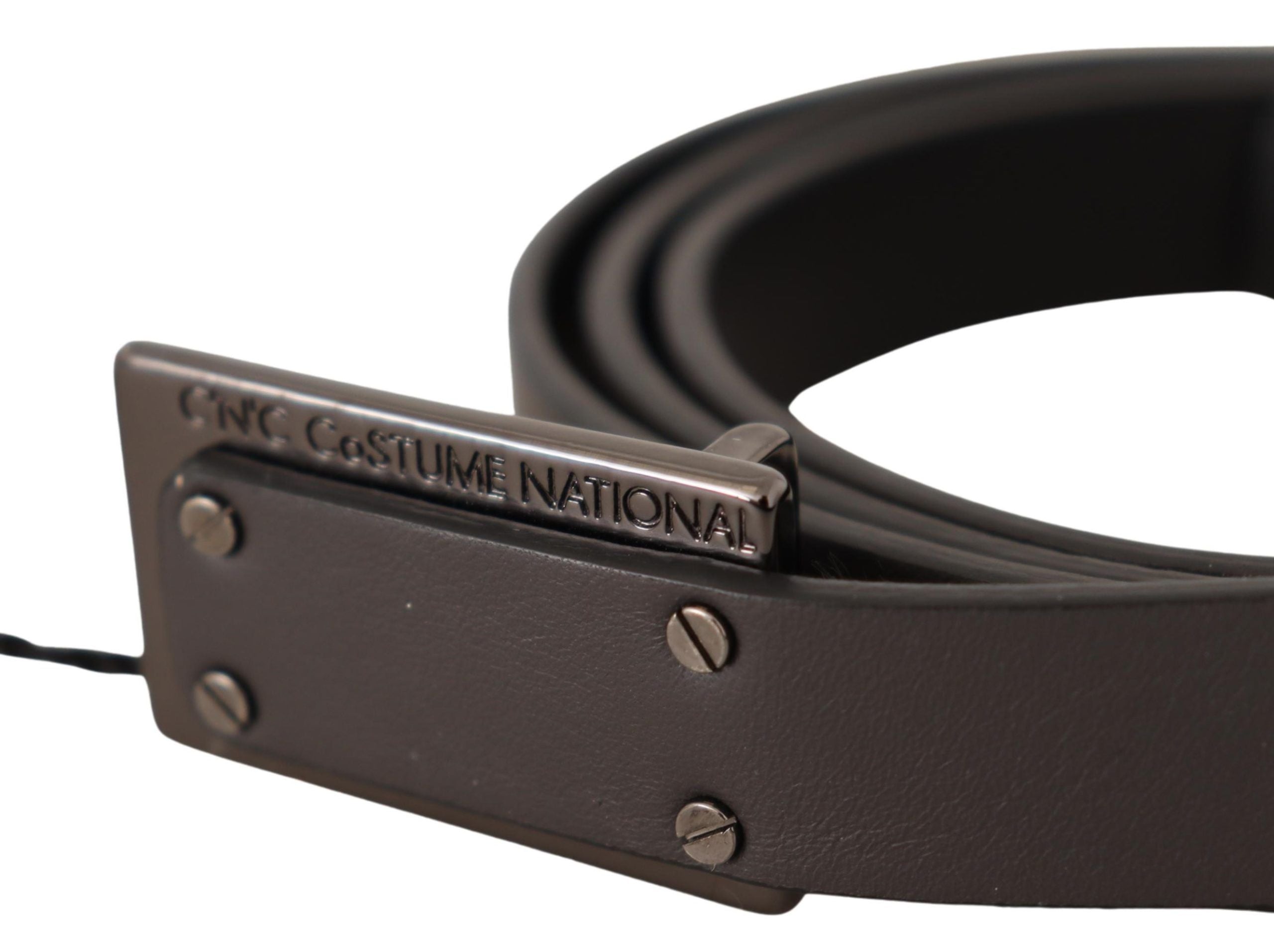 Dark Brown Leather Logo Buckle Belt - 100-cm-40-inches
