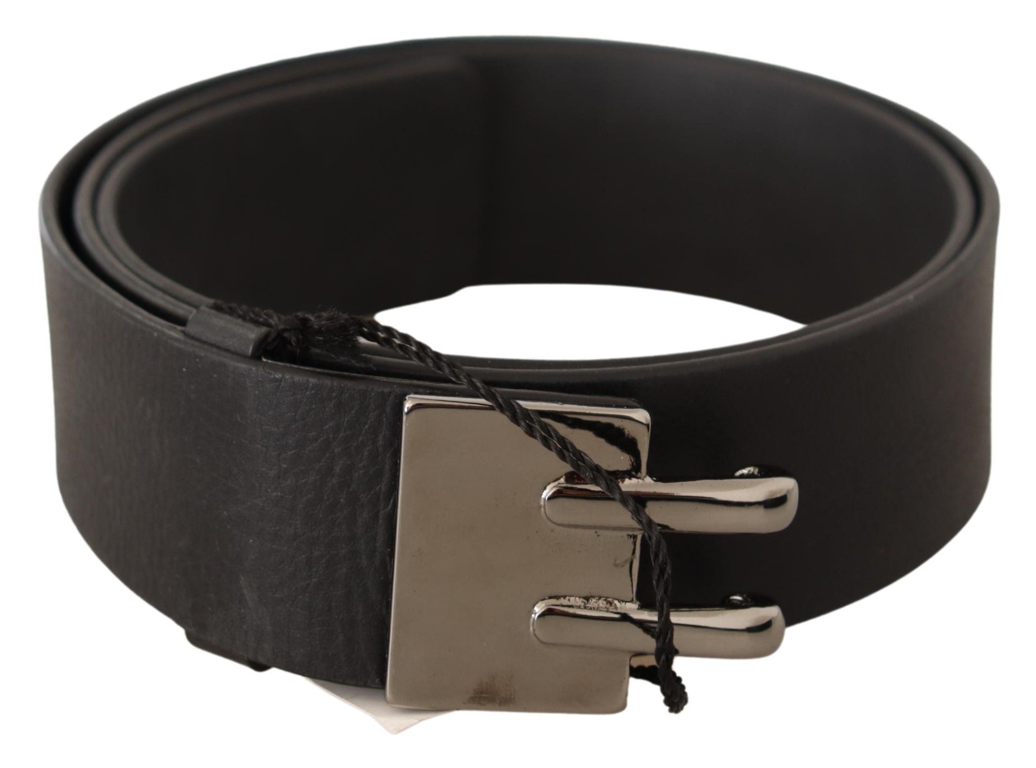 Black Leather Silver Buckle Waist Belt - 85-cm-34-inches