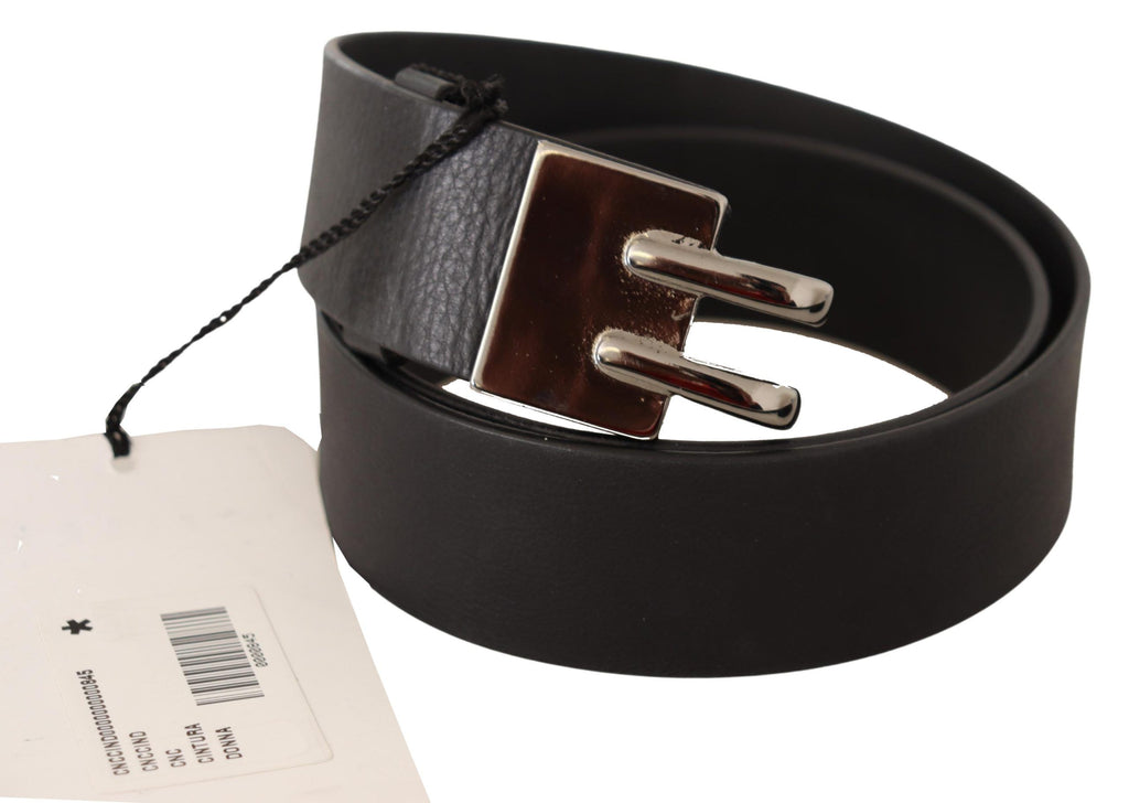 Black Leather Silver Buckle Waist Belt - 85-cm-34-inches