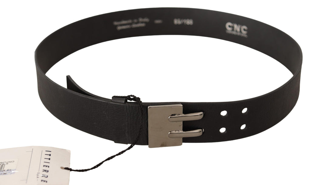 Black Leather Silver Buckle Waist Belt - 85-cm-34-inches