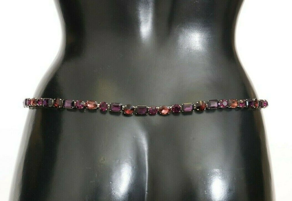 Brown Leather Purple Crystal Chain Belt - it44-m