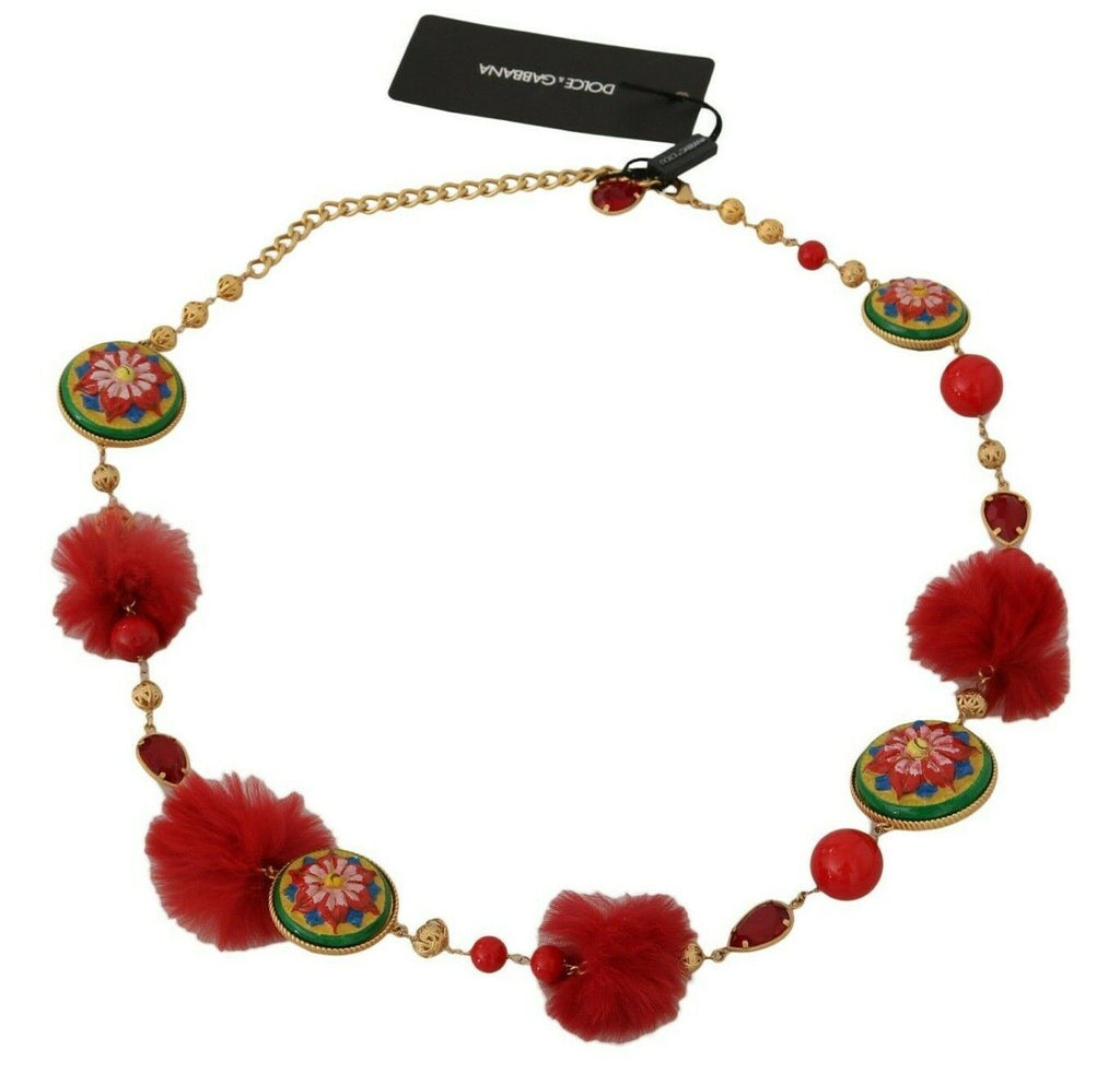 Gold  Red Fur Crystal Waist Gold Belt - l